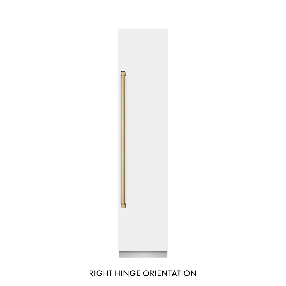 ZLINE Autograph Edition 18-inch freezer in white matte with graphite gray interior and champagne bronze accents RCFVRZ-WM-18-CB, front view