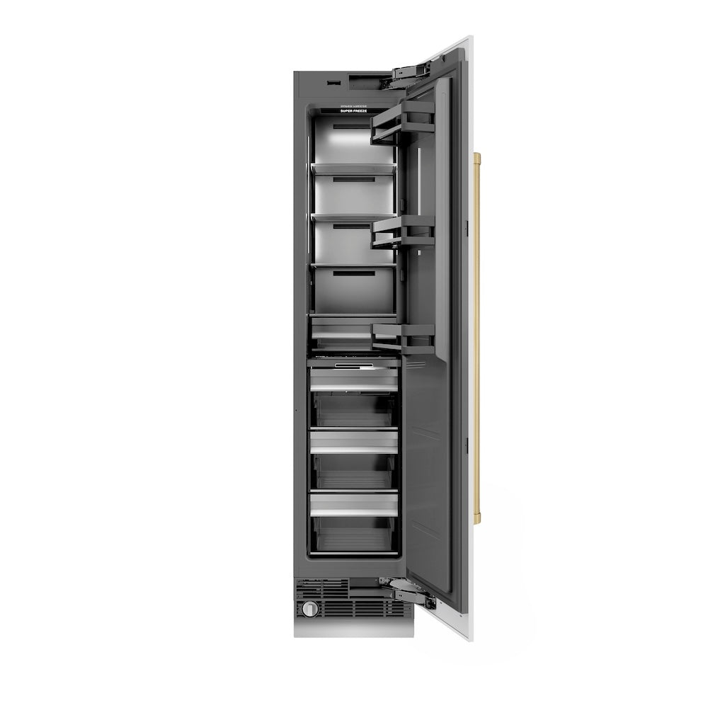 ZLINE Autograph Edition 18-inch freezer in white matte with graphite gray interior and champagne bronze accents RCFVRZ-WM-18-CB
