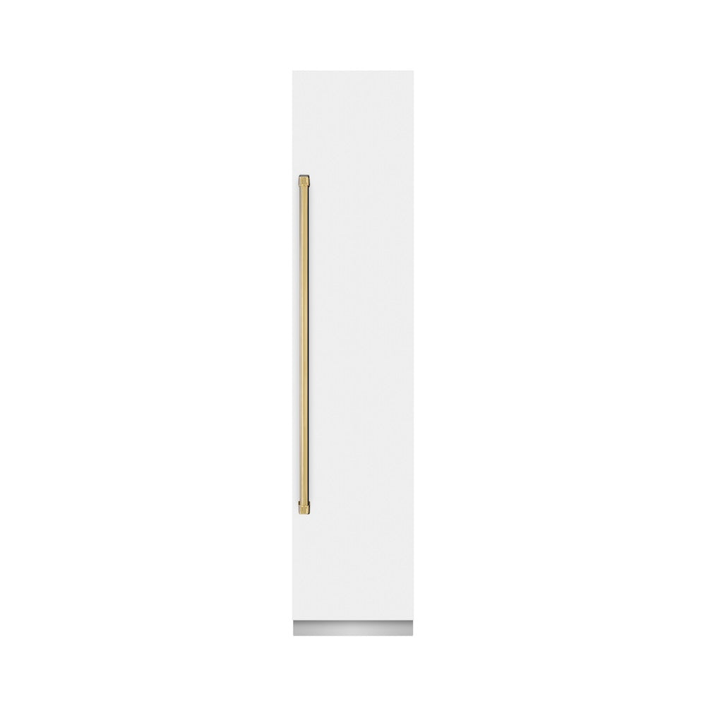 ZLINE Autograph Edition 18-inch freezer in white matte with graphite gray interior and polished gold accents RCFVRZ-WM-18-G, front view