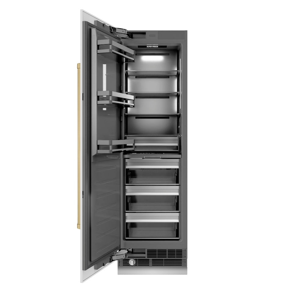 ZLINE Autograph Edition 24-inch freezer in white matte with graphite gray interior and champagne bronze accents RCFVZ-WM-24-CB