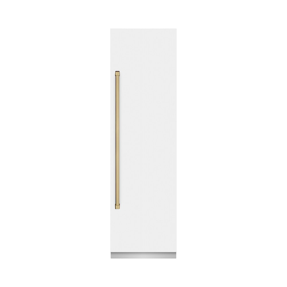 ZLINE Autograph Edition 24-inch refrigerator in white matte with graphite gray interior and champagne bronze accents RCRVZ-WM-24-CB, front view