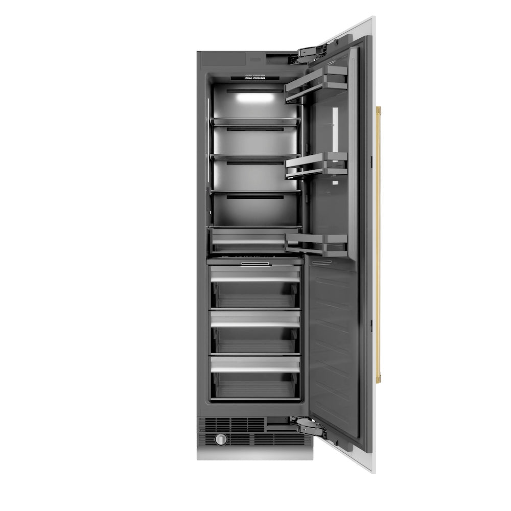 ZLINE Autograph Edition 24-inch refrigerator in white matte with graphite gray interior and polished gold accents RCRVZ-WM-24-G
