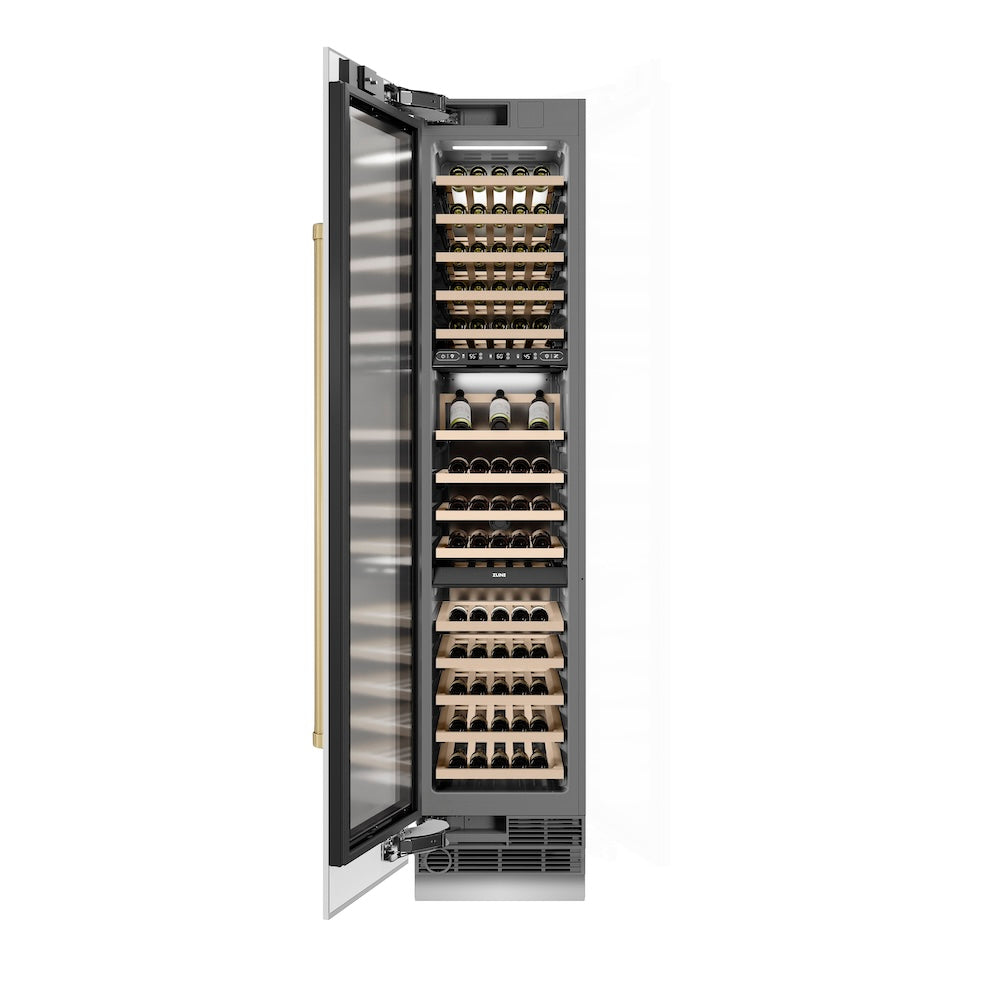 ZLINE Autograph Edition 18-inch wine cooler in white matte with graphite gray interior and champagne bronze accents RCWVLZ-WM-18-CB, front view