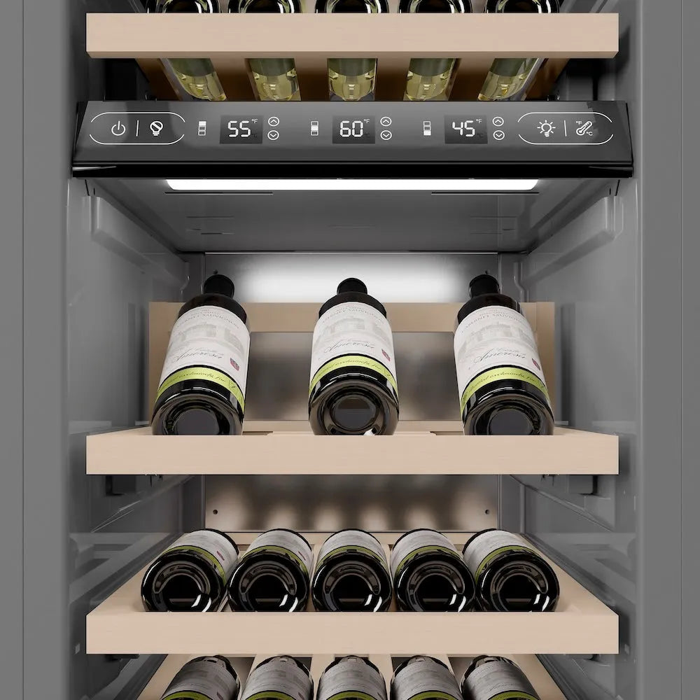 ZLINE Autograph Edition 18-inch wine cooler in white matte with graphite gray interior and polished gold accents RCWVLZ-WM-18-G, detail