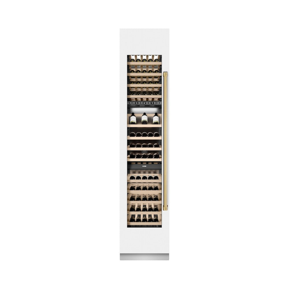 ZLINE Autograph Edition 18-inch wine cooler in white matte with graphite gray interior and polished gold accents RCWVLZ-WM-18-G, front view