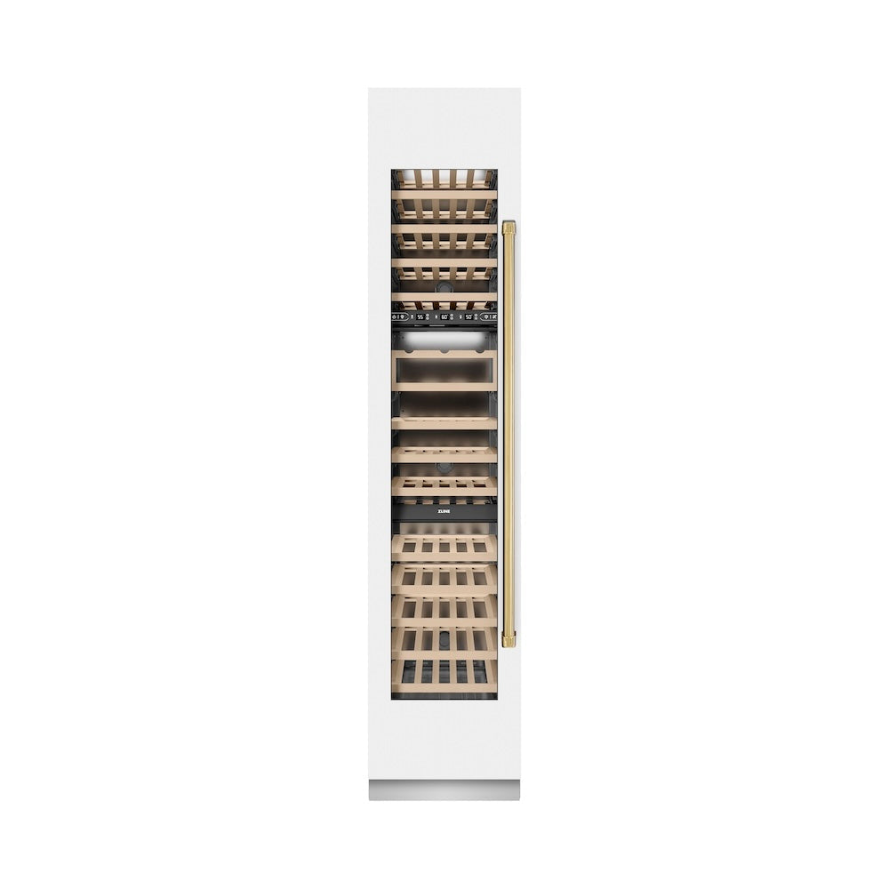 ZLINE Autograph Edition 18-inch wine cooler in white matte with graphite gray interior and polished gold accents RCWVLZ-WM-18-G, front view
