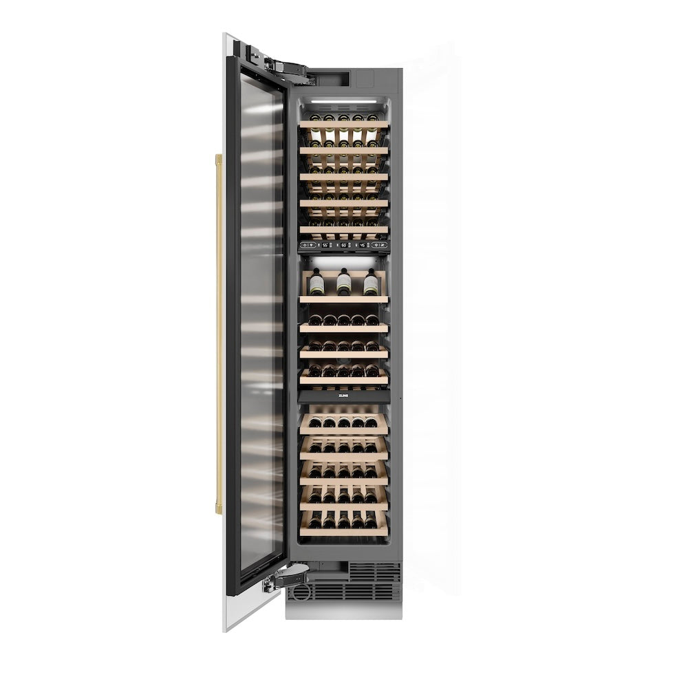 ZLINE Autograph Edition 18-inch wine cooler in white matte with graphite gray interior and polished gold accents RCWVLZ-WM-18-G, front view