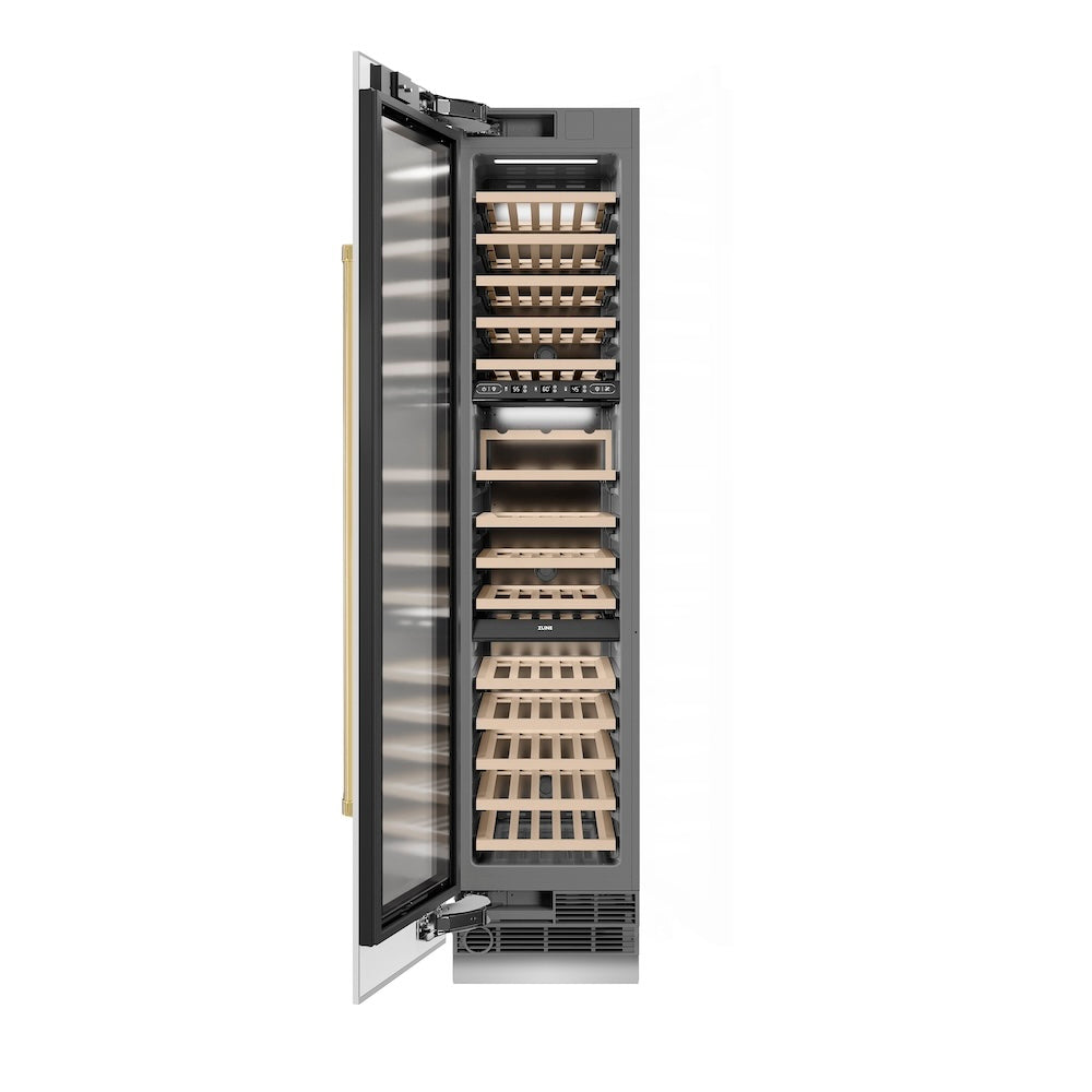 ZLINE Autograph Edition 18-inch wine cooler in white matte with graphite gray interior and polished gold accents RCWVLZ-WM-18-G, front view