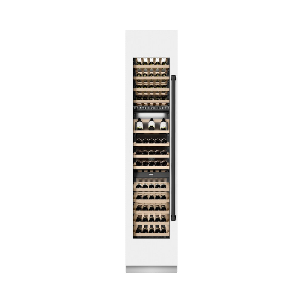 ZLINE Autograph Edition 18-inch wine cooler in white matte with graphite gray interior and matte black accents RCWVLZ-WM-18-MB, front view