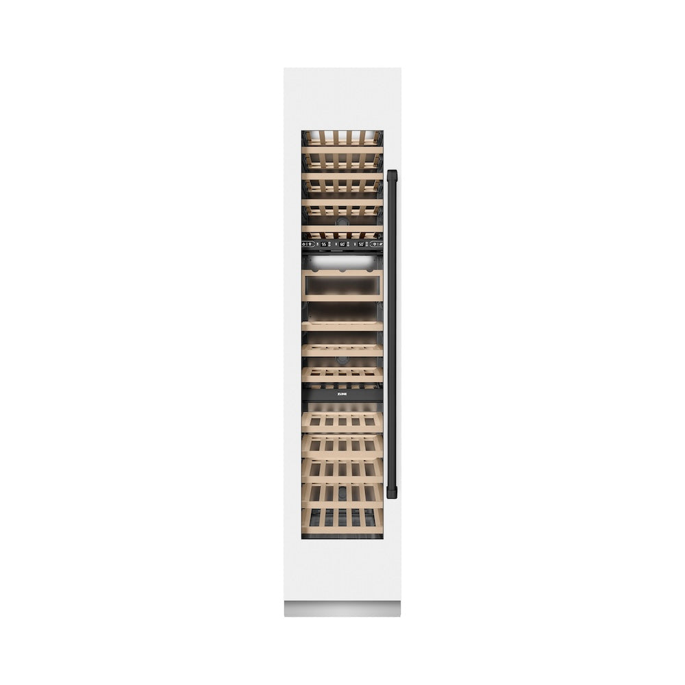 ZLINE Autograph Edition 18-inch wine cooler in white matte with graphite gray interior and matte black accents RCWVLZ-WM-18-MB, front view