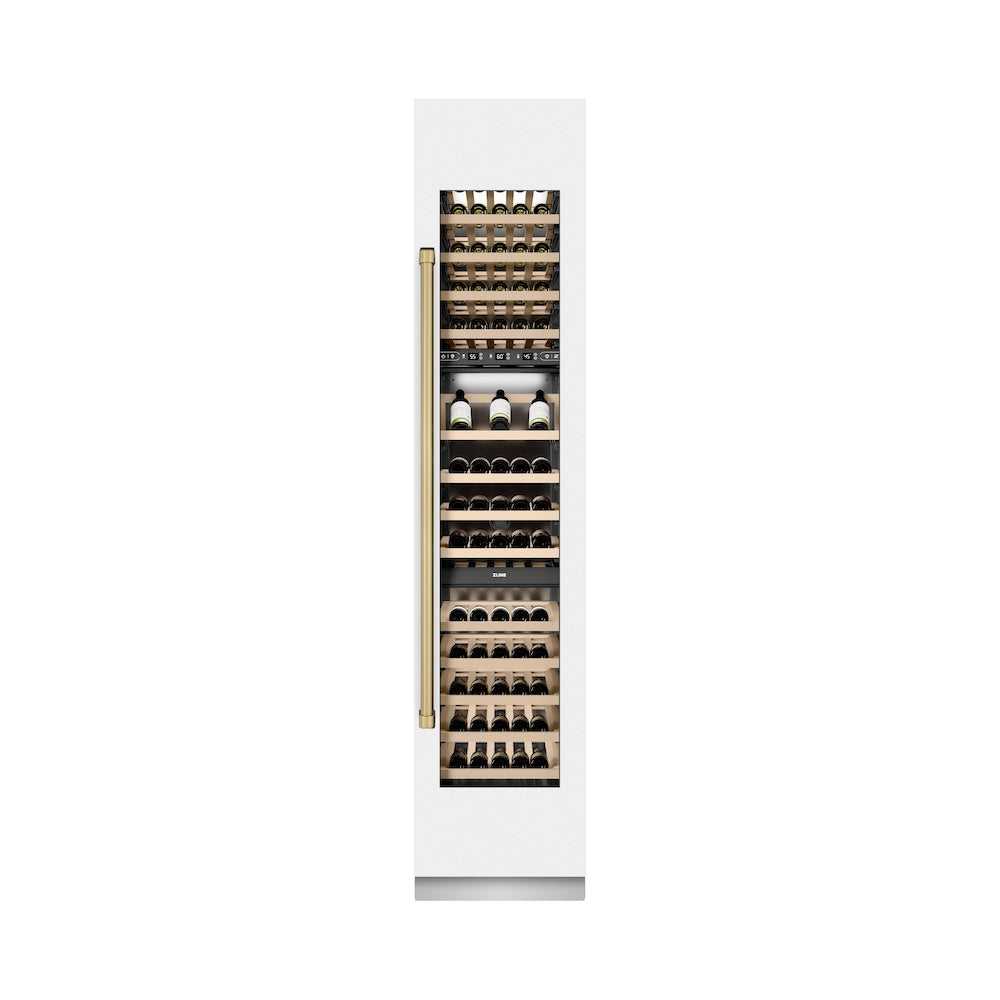 ZLINE Autograph Edition 18-inch wine cooler in white matte with graphite gray interior and champagne bronze accents RCWVRZ-WM-18-CB, front view