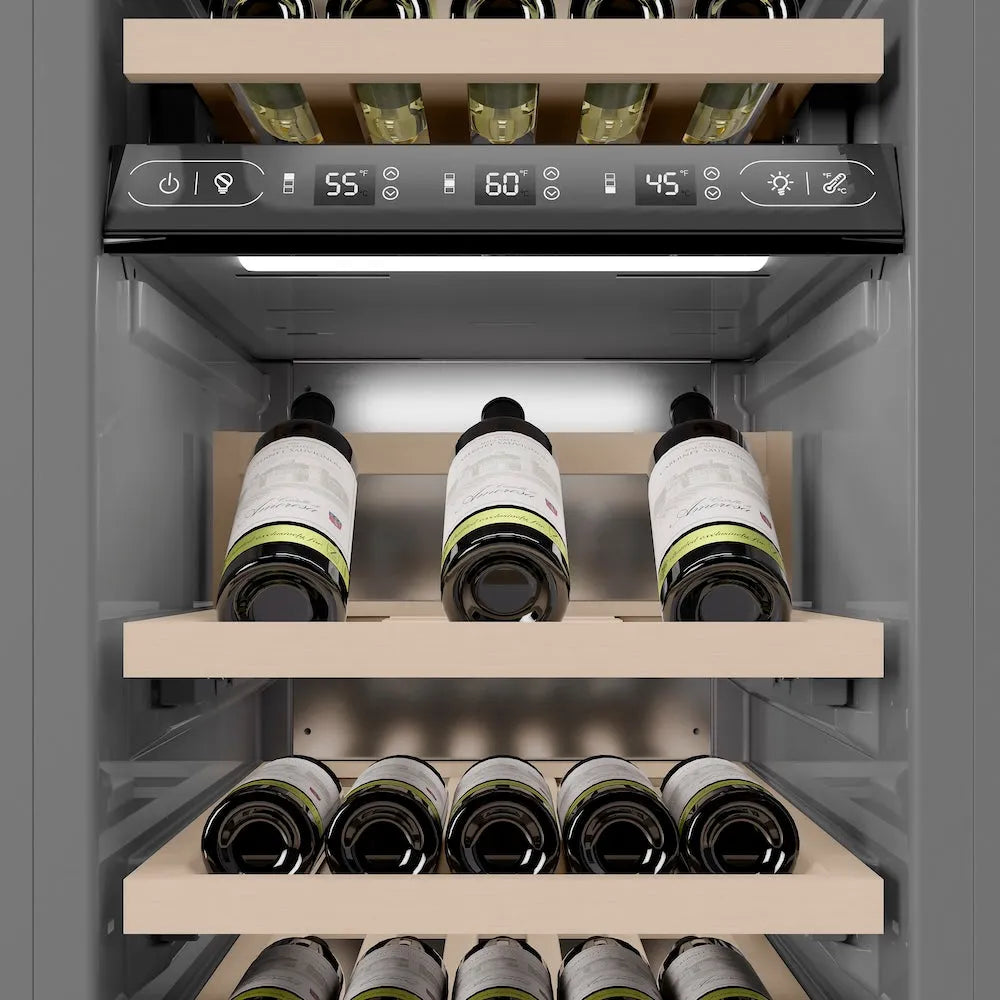 ZLINE Autograph Edition 18-inch wine cooler in white matte with graphite gray interior and polished gold accents RCWVRZ-WM-18-G, detail