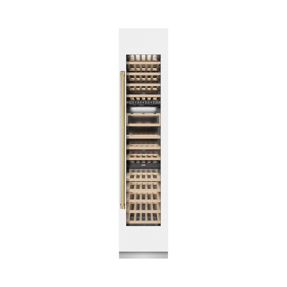 ZLINE Autograph Edition 18-inch wine cooler in white matte with graphite gray interior and polished gold accents RCWVRZ-WM-18-G, front view