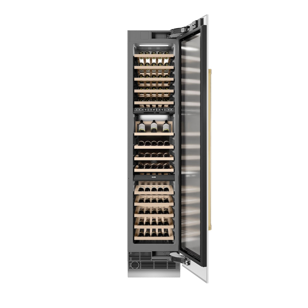 ZLINE Autograph Edition 18-inch wine cooler in white matte with graphite gray interior and polished gold accents RCWVRZ-WM-18-G, front view