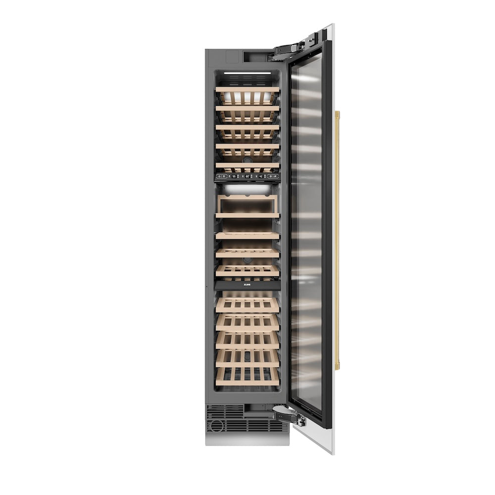 ZLINE Autograph Edition 18-inch wine cooler in white matte with graphite gray interior and polished gold accents RCWVRZ-WM-18-G, front view
