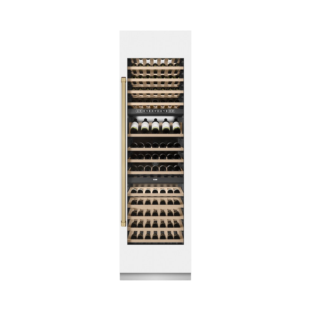 ZLINE Autograph Edition 24-inch wine cooler in white matte with graphite gray interior and champagne bronze accents RCWVZ-WM-24-CB, front view