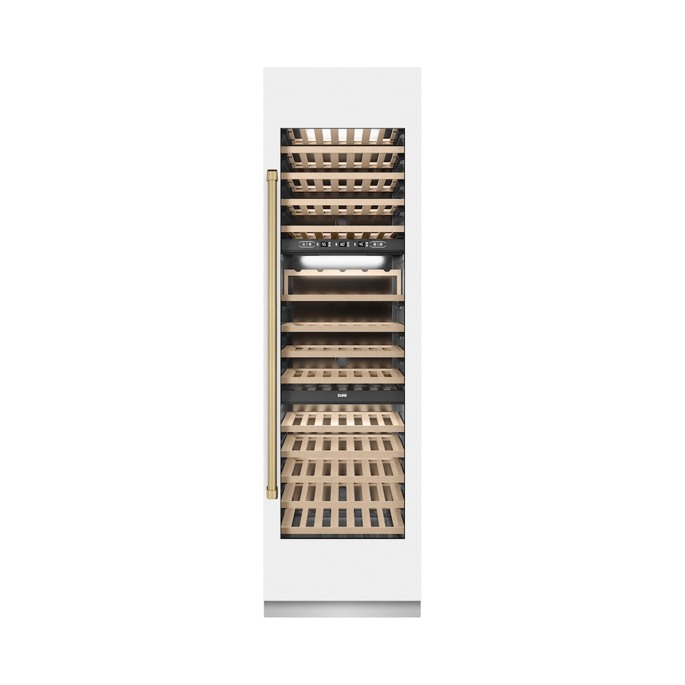 ZLINE Autograph Edition 24-inch wine cooler in white matte with graphite gray interior and champagne bronze accents RCWVZ-WM-24-CB