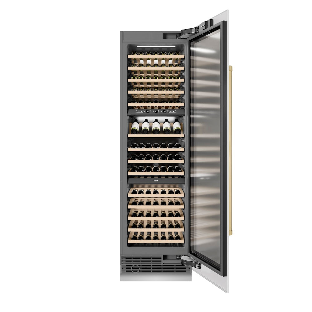 ZLINE Autograph Edition 24-inch wine cooler in white matte with graphite gray interior and champagne bronze accents RCWVZ-WM-24-CB, front view
