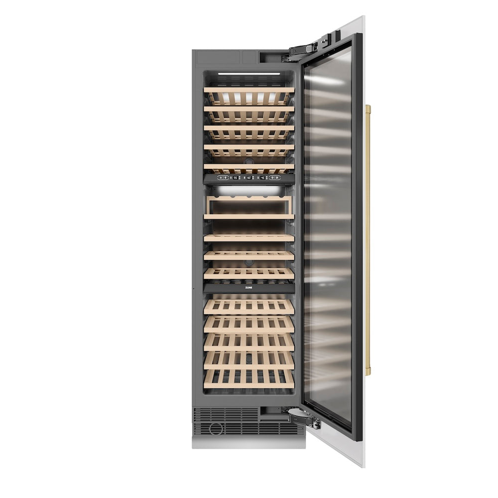 ZLINE Autograph Edition 24-inch wine cooler in white matte with graphite gray interior and champagne bronze accents RCWVZ-WM-24-CB, front view