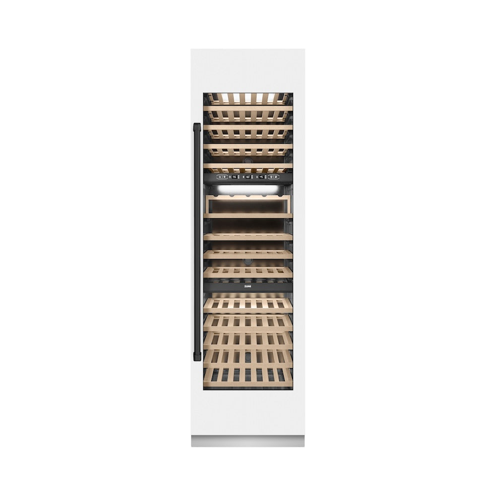 ZLINE Autograph Edition 24-inch wine cooler in white matte with graphite gray interior and matte black accents RCWVZ-WM-24-MB