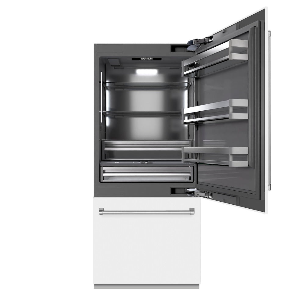 ZLINE 36-inch refrigerator in white matte with graphite gray interior GRBIT-WM-36, front view