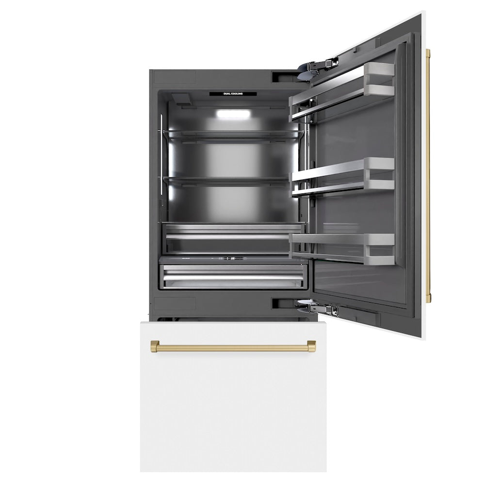 ZLINE Autograph Edition 36-inch refrigerator in white matte with graphite gray interior and champagne bronze accents GRBITZ-WM-36-CB