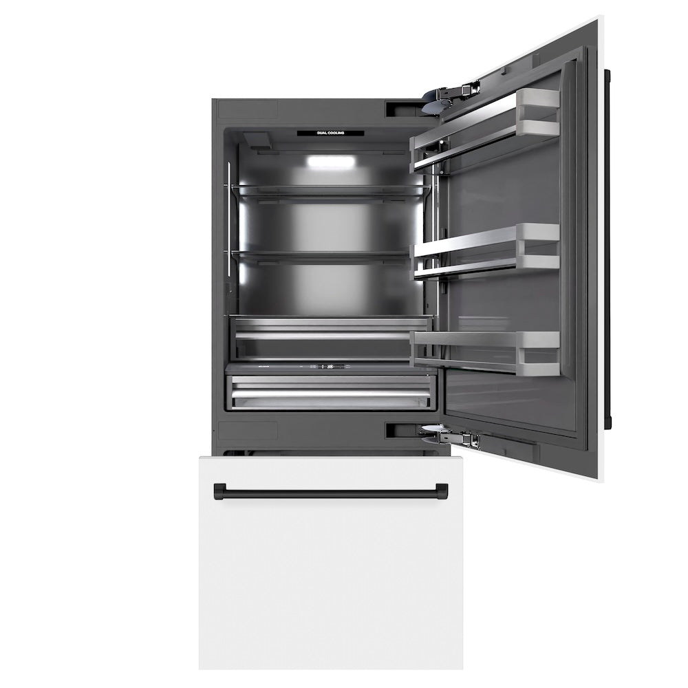 ZLINE Autograph Edition 36-inch refrigerator in white matte with graphite gray interior and matte black accents GRBITZ-WM-36-MB