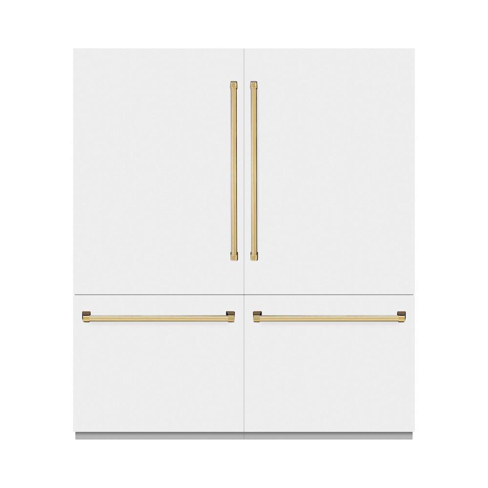ZLINE Autograph Edition 72-inch refrigerator in white matte with graphite gray interior and polished gold accents GRBITZ-WM-72-G, front view