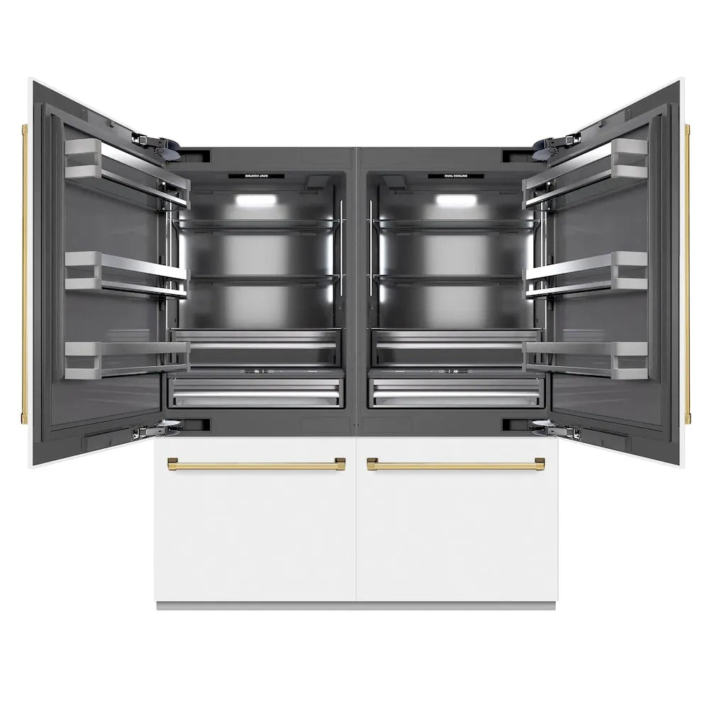 ZLINE Autograph Edition 72-inch refrigerator in white matte with graphite gray interior and polished gold accents GRBITZ-WM-72-G