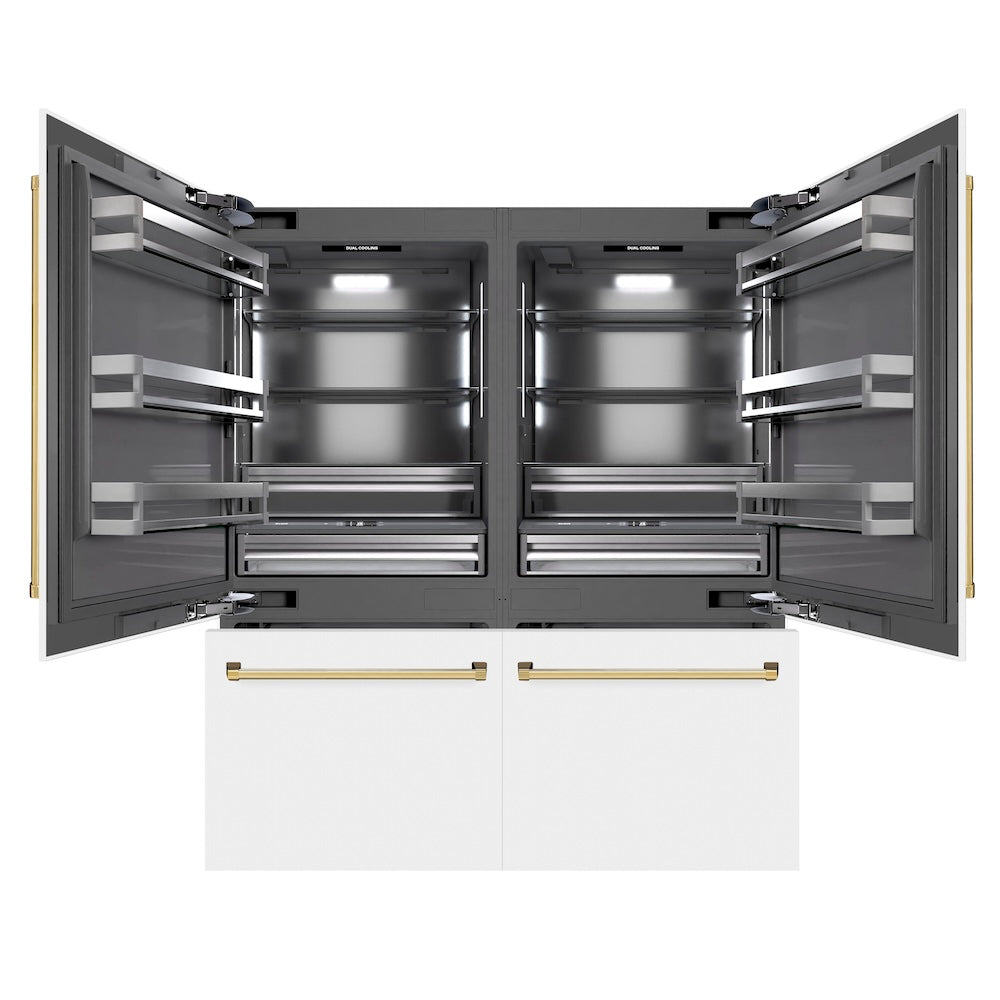 ZLINE Autograph Edition 72-inch refrigerator in white matte with graphite gray interior and polished gold accents GRBITZ-WM-72-G, front view