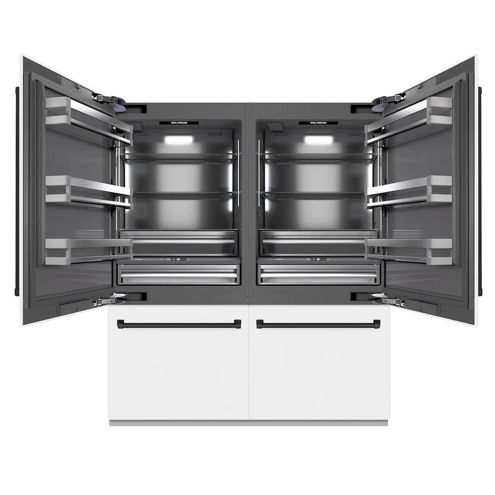 ZLINE Autograph Edition 72-inch refrigerator in white matte with graphite gray interior and matte black accents GRBITZ-WM-72-MB