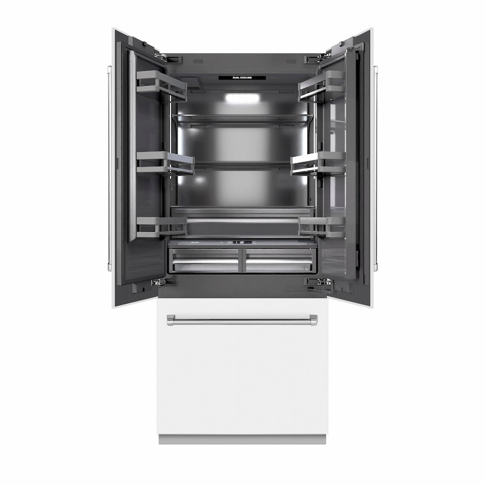 ZLINE 36-inch refrigerator in white matte with graphite gray interior GRBIV-WM-36, front view