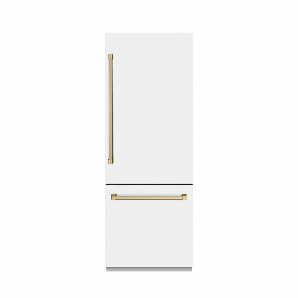 ZLINE Autograph Edition 30-inch refrigerator in white matte with graphite gray interior and champagne bronze accents GRBIVZ-WM-30-CB, front view