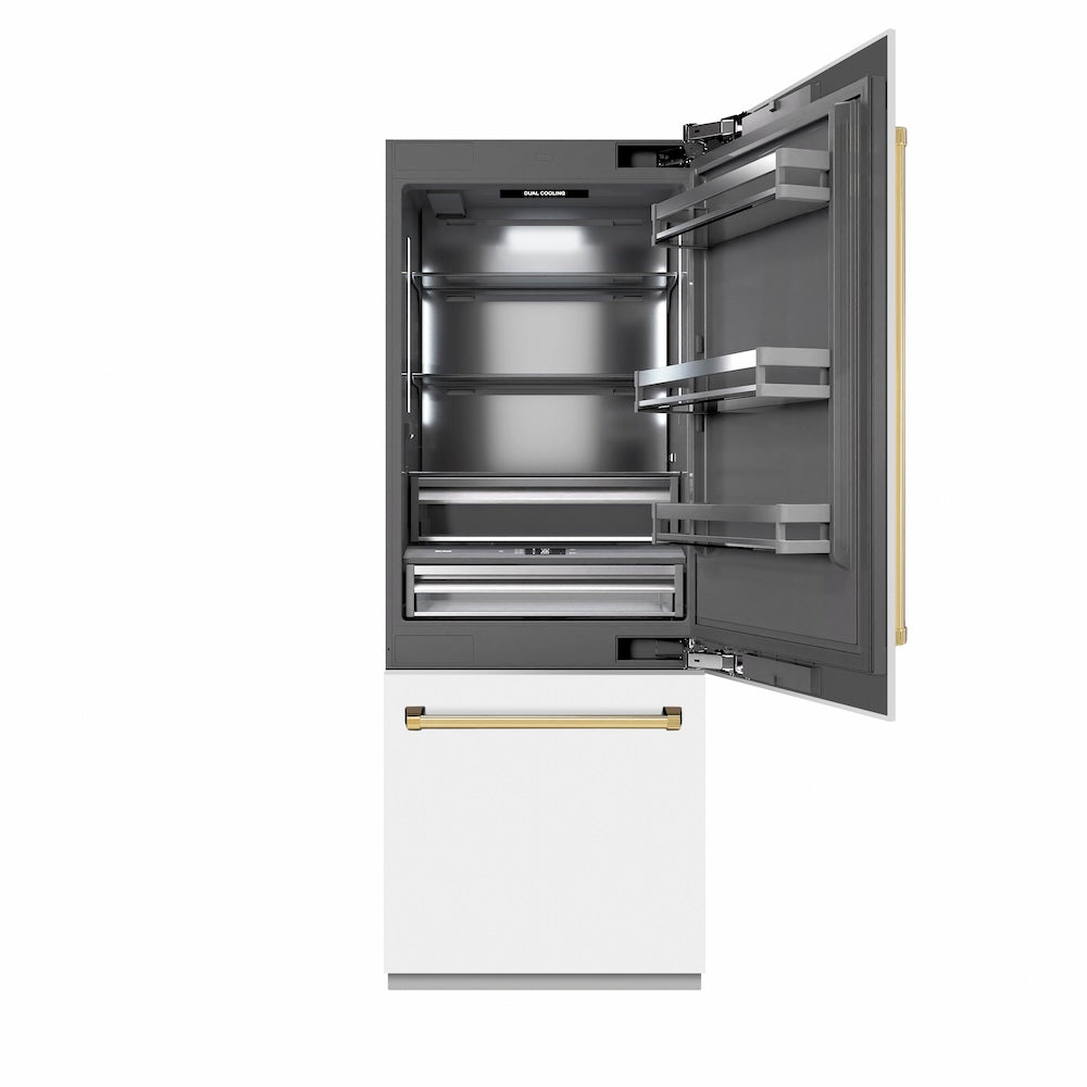 ZLINE Autograph Edition 30-inch refrigerator in white matte with graphite gray interior and polished gold accents GRBIVZ-WM-30-G, front view