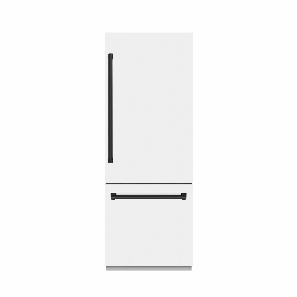 ZLINE Autograph Edition 30-inch refrigerator in white matte with graphite gray interior and matte black accents GRBIVZ-WM-30-MB, front view