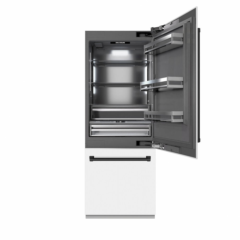 ZLINE Autograph Edition 30-inch refrigerator in white matte with graphite gray interior and matte black accents GRBIVZ-WM-30-MB, front view