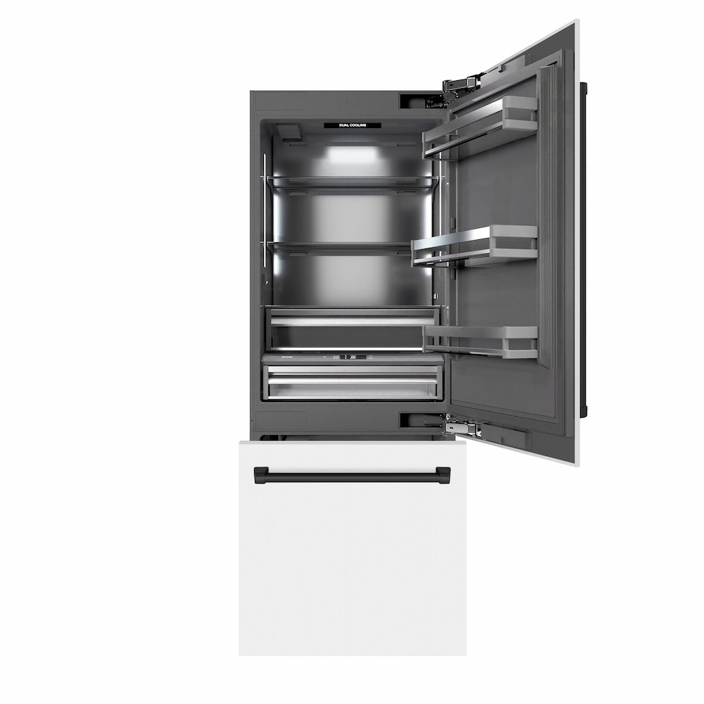 ZLINE Autograph Edition 30-inch refrigerator in white matte with graphite gray interior and matte black accents GRBIVZ-WM-30-MB
