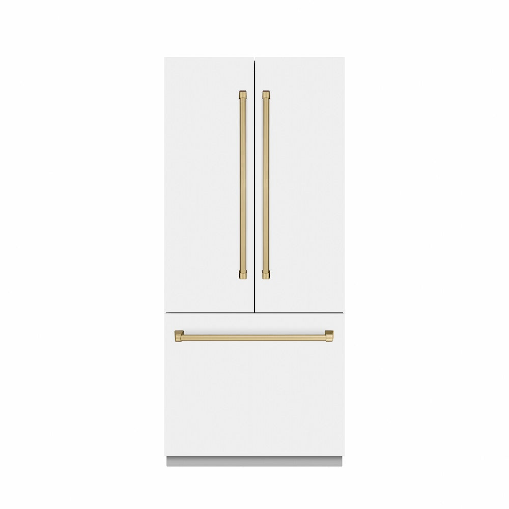 ZLINE Autograph Edition 36-inch refrigerator in white matte with graphite gray interior and champagne bronze accents GRBIVZ-WM-36-CB, front view