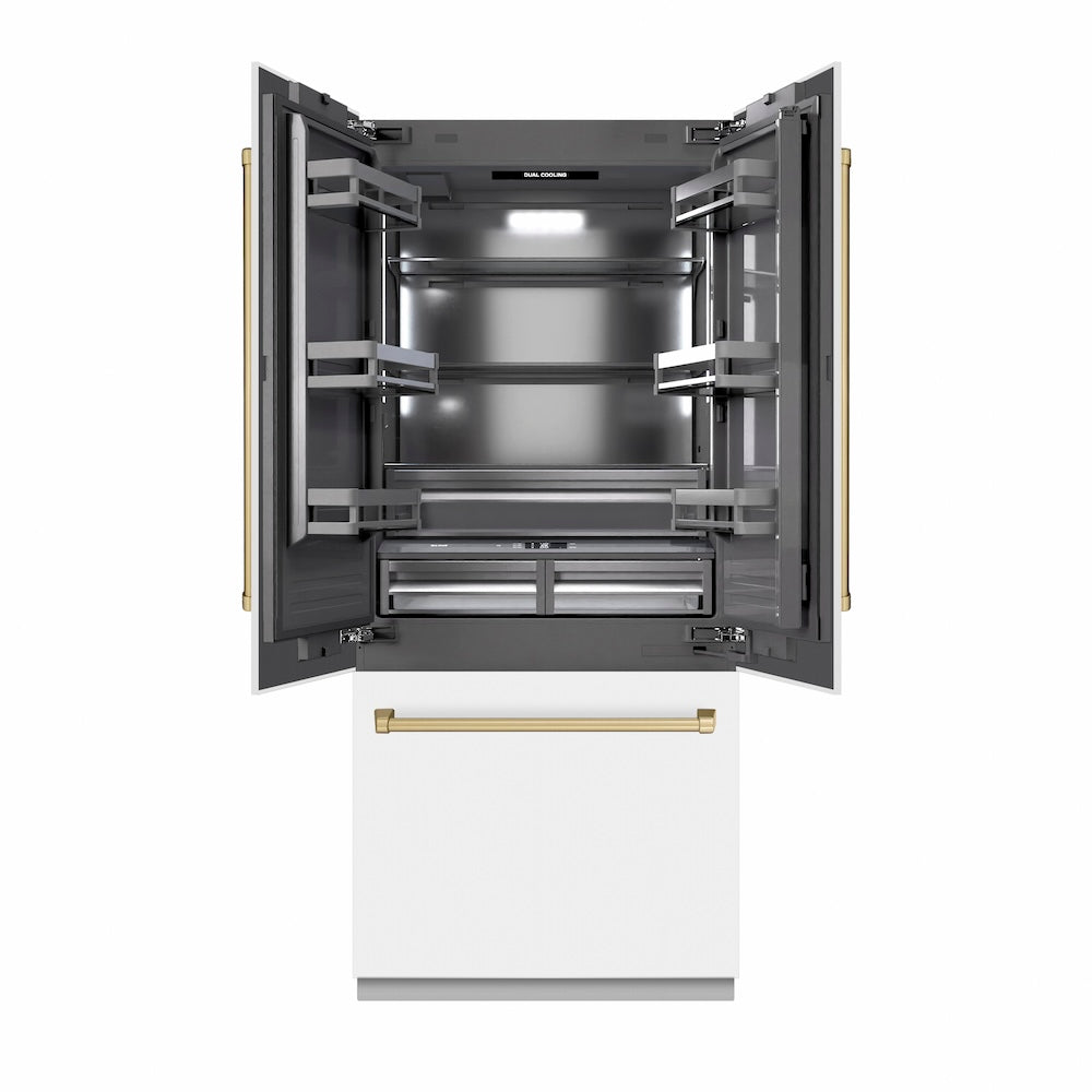 ZLINE Autograph Edition 36-inch refrigerator in white matte with graphite gray interior and champagne bronze accents GRBIVZ-WM-36-CB, front view