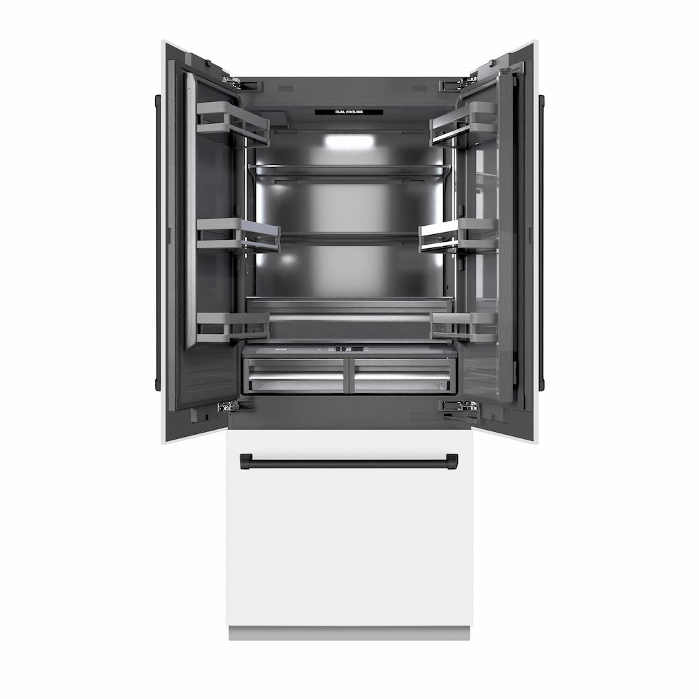 ZLINE Autograph Edition 36-inch refrigerator in white matte with graphite gray interior and matte black accents GRBIVZ-WM-36-MB