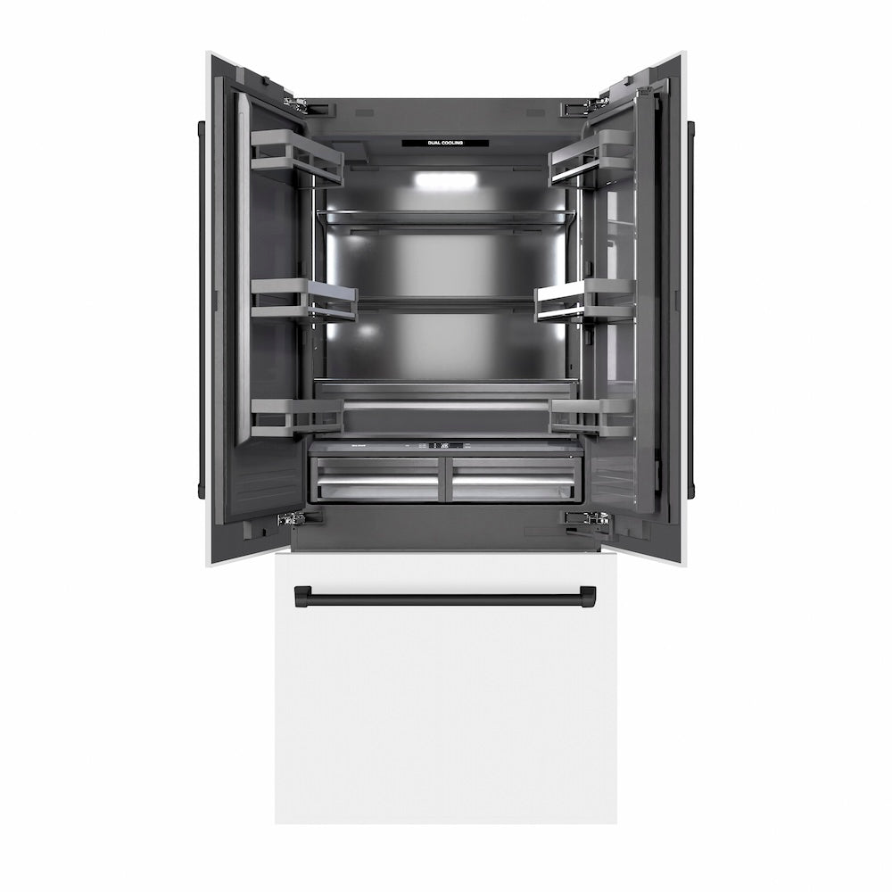 ZLINE Autograph Edition 36-inch refrigerator in white matte with graphite gray interior and matte black accents GRBIVZ-WM-36-MB, front view