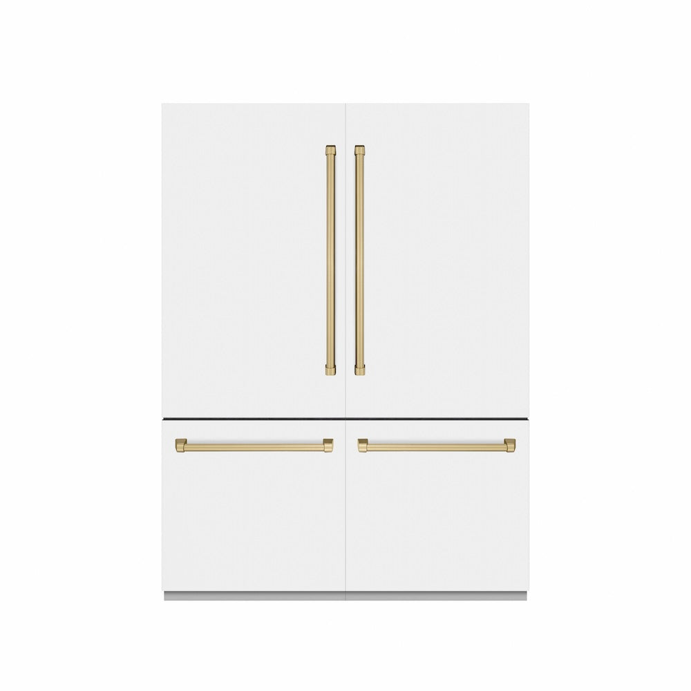 ZLINE Autograph Edition 60-inch refrigerator in white matte with graphite gray interior and champagne bronze accents GRBIVZ-WM-60-CB, front view