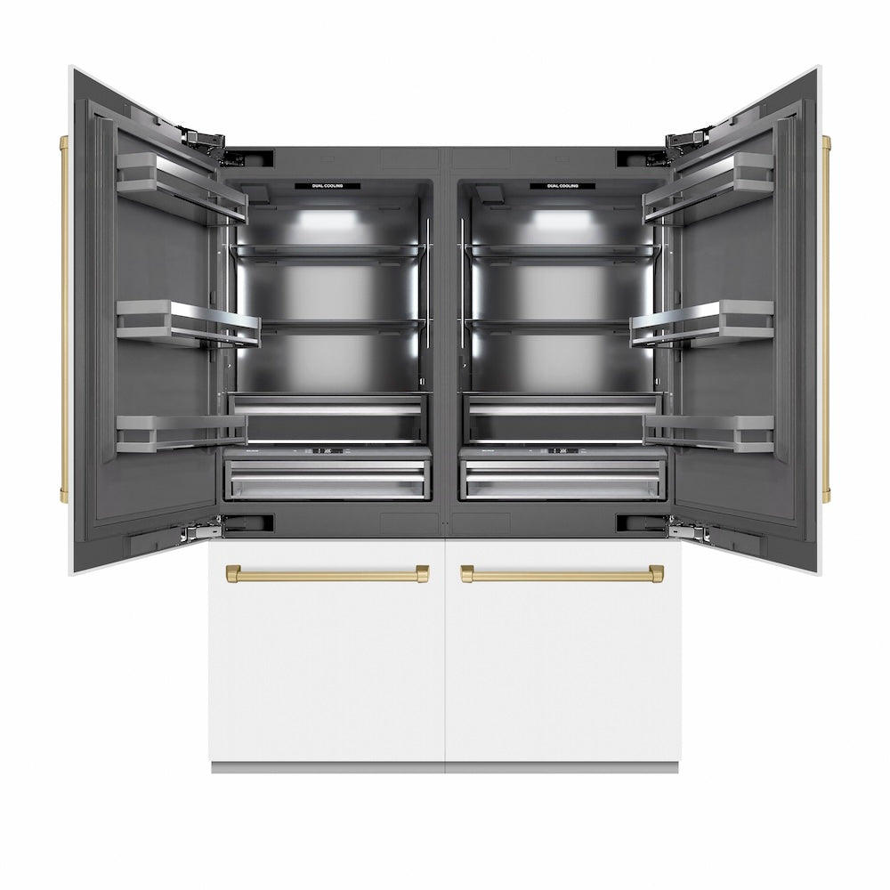 ZLINE Autograph Edition 60-inch refrigerator in white matte with graphite gray interior and champagne bronze accents GRBIVZ-WM-60-CB