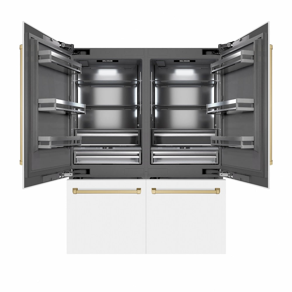 ZLINE Autograph Edition 60-inch refrigerator in white matte with graphite gray interior and champagne bronze accents GRBIVZ-WM-60-CB, front view