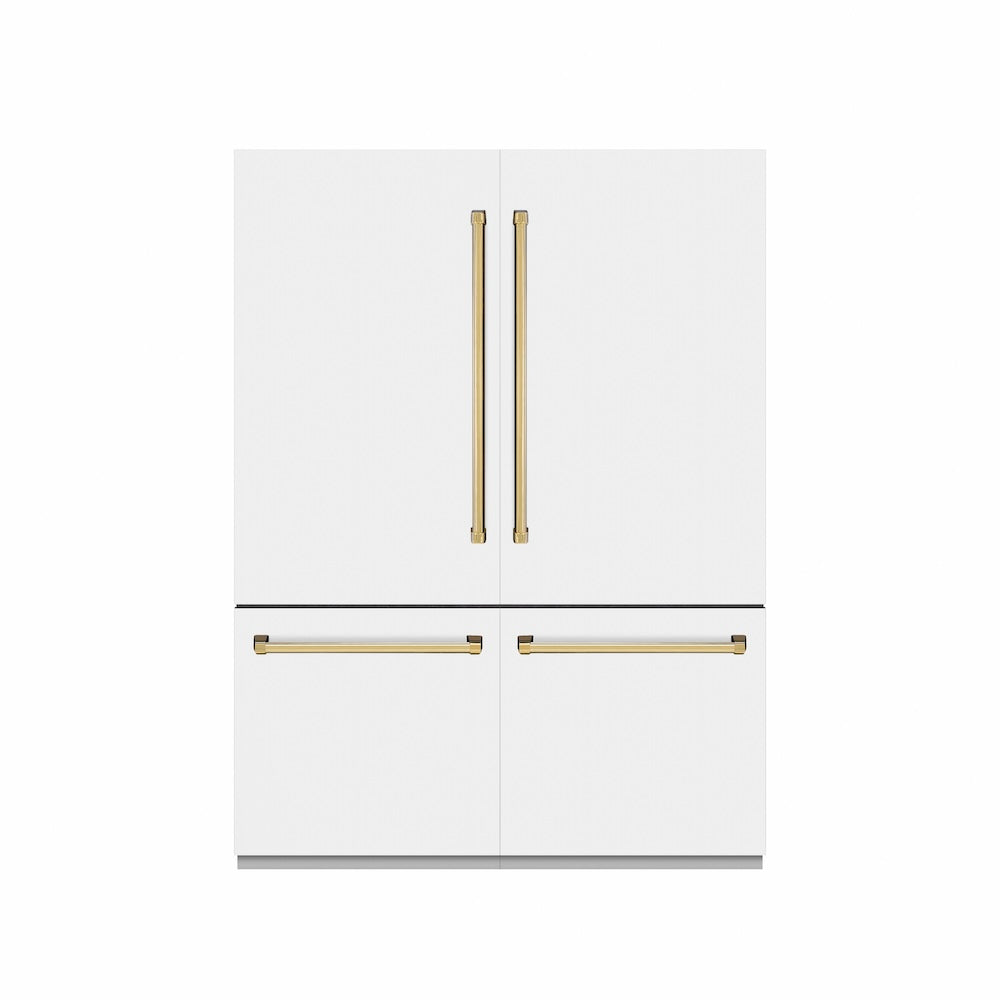 ZLINE Autograph Edition 60-inch refrigerator in white matte with graphite gray interior and polished gold accents GRBIVZ-WM-60-G, front view