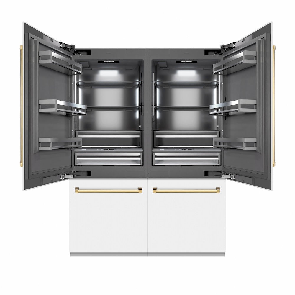 ZLINE Autograph Edition 60-inch refrigerator in white matte with graphite gray interior and polished gold accents GRBIVZ-WM-60-G