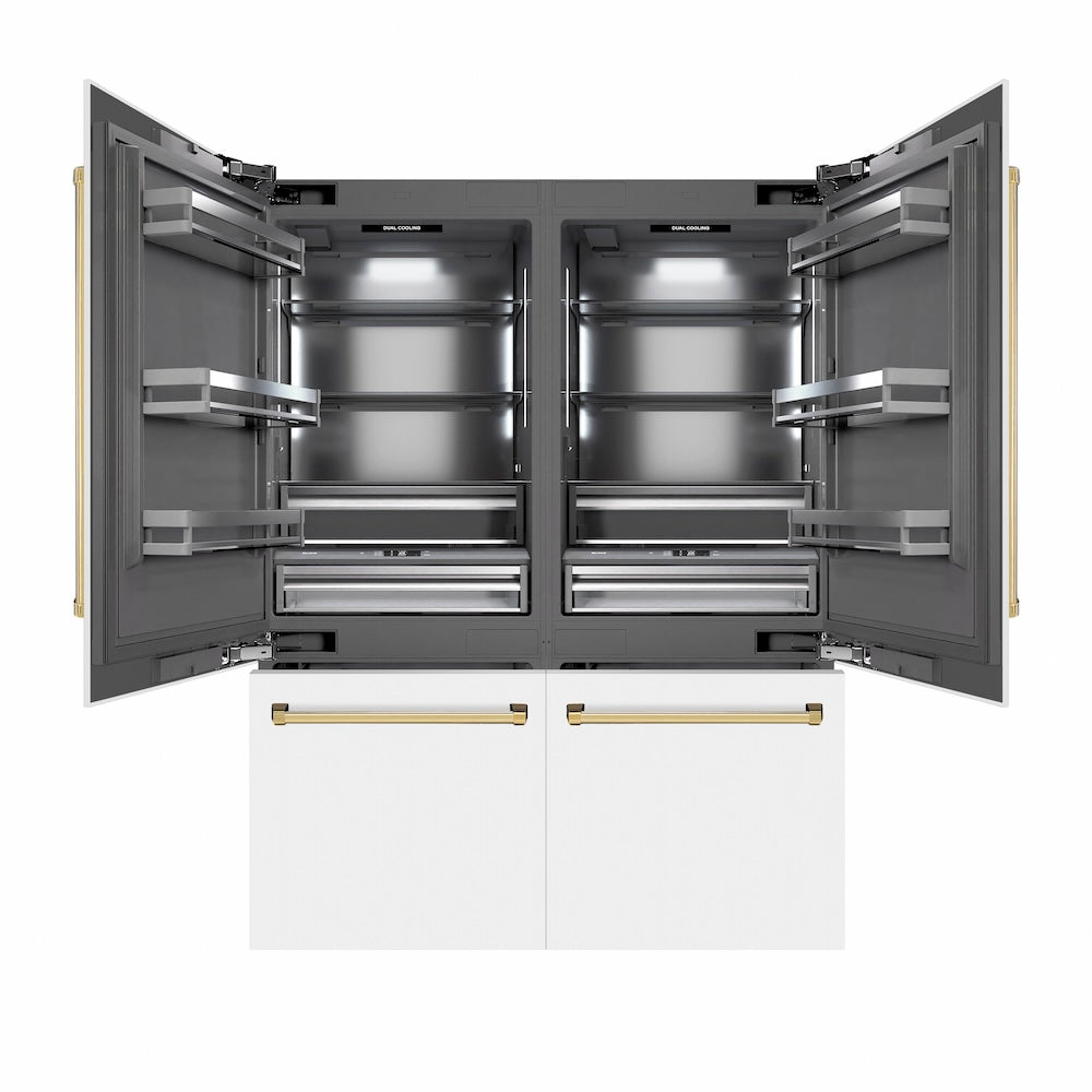 ZLINE Autograph Edition 60-inch refrigerator in white matte with graphite gray interior and polished gold accents GRBIVZ-WM-60-G, front view