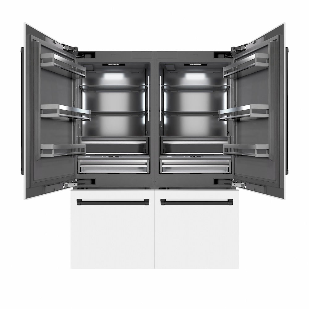 ZLINE Autograph Edition 60-inch refrigerator in white matte with graphite gray interior and matte black accents GRBIVZ-WM-60-MB, front view
