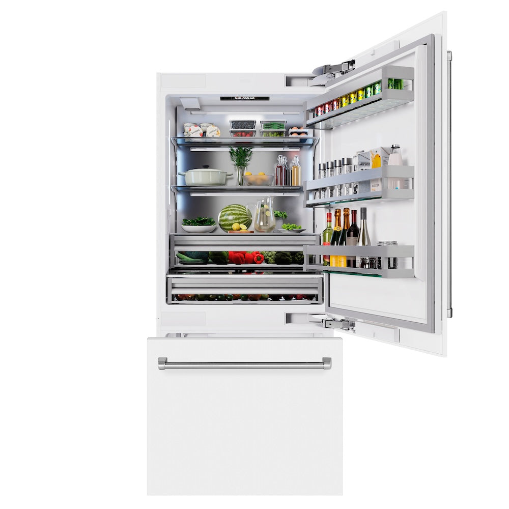 ZLINE 36-inch refrigerator in white matte with bright white interior RBIT-WM-36, front view