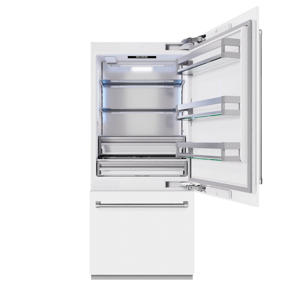 ZLINE 36-inch refrigerator in white matte with bright white interior RBIT-WM-36, front view
